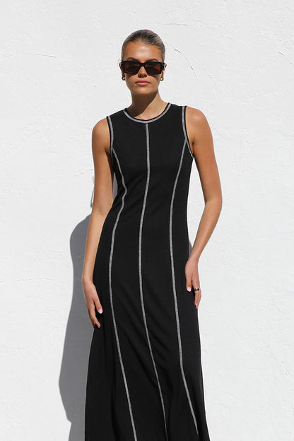 ARIANA | Zwarte Dames Maxi Jurk met Contrasterende Stiksels - Stijlvol, Rekbaar & Elegant
