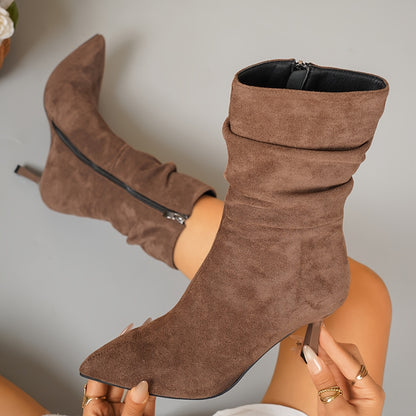 Elegante Slanke Dames Enkellaarsjes | Mid-High Plissé Boots Met Puntneus & Stiletto Hak