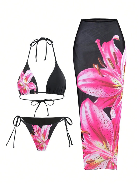 ALYSSA | 3-Delige Bikini Set Met Bloemenprint & Wikkelrok – Verleidelijk, Tropisch & Vol Zomervibes