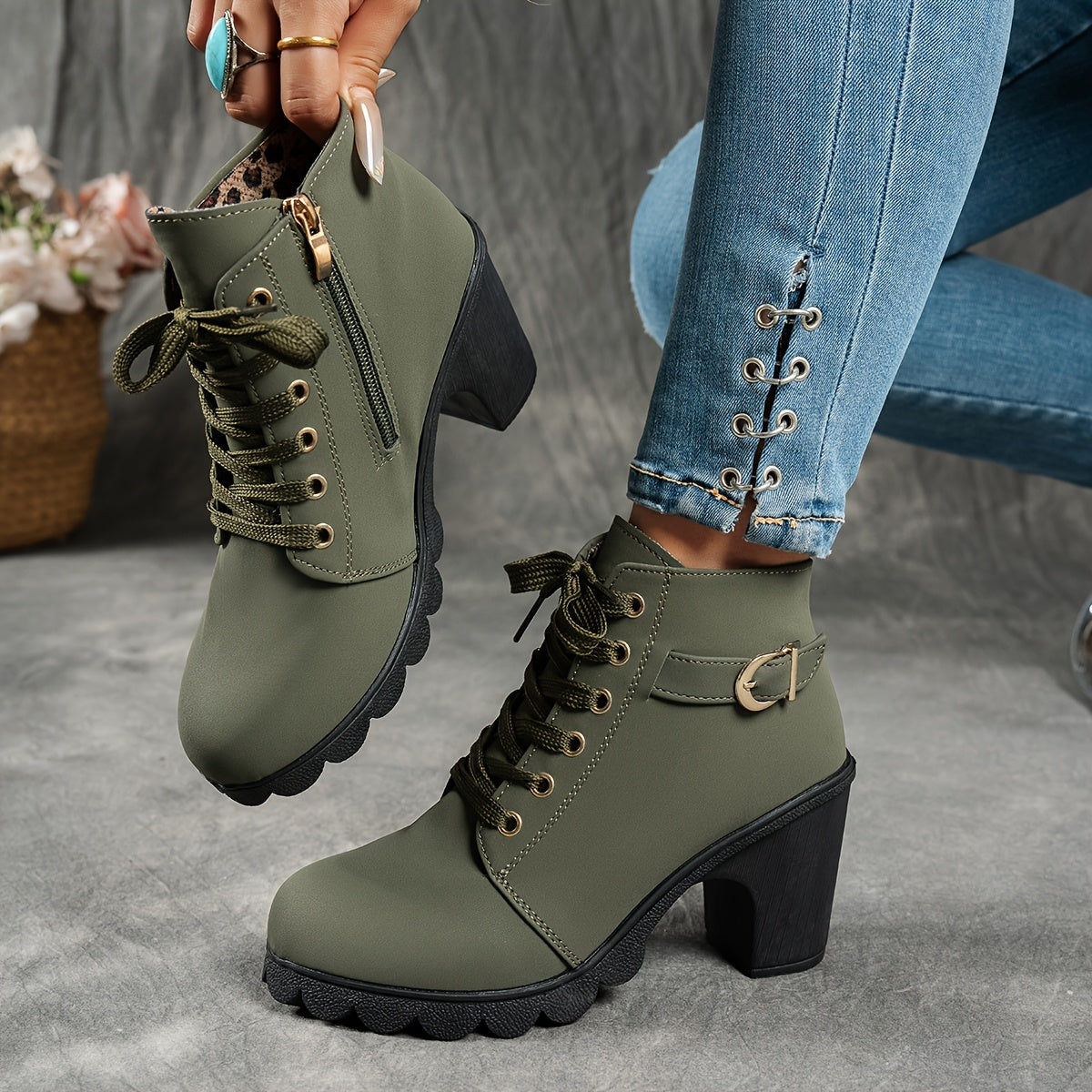 Dames Enkelboots Met Blokhak | Comfortabele All-Season Veterschoenen
