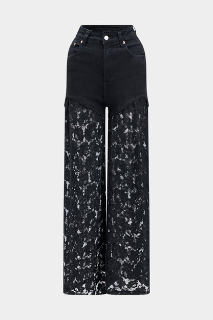 LORIE | High Waist Dames Denim Broek Met Transparante Kant Wijde Pijpen – Gedurfd, Modieus & Ideaal Voor Avonden Uit Of Festivals
