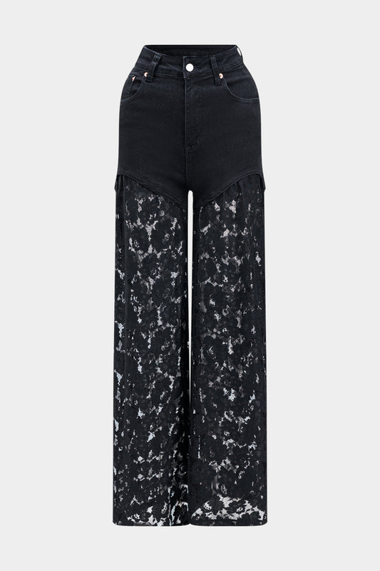 LORIE | High Waist Dames Denim Broek Met Transparante Kant Wijde Pijpen – Gedurfd, Modieus & Ideaal Voor Avonden Uit Of Festivals