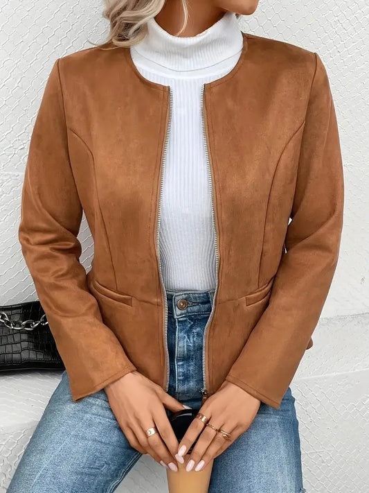 MAEVE | Suède Dames Jasje Met Rits, Ronde Hals & Blazer-Style - Elegant, Stijlvol & Modieus
