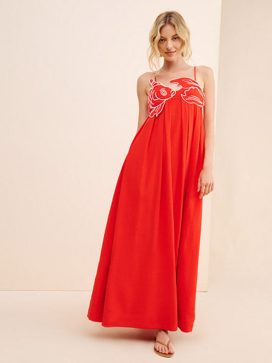 AYAKA | Linnen Maxi Jurk Met Koi Vis Borduursel – Speels, Tropisch & Perfect Voor Zomerse Dagen