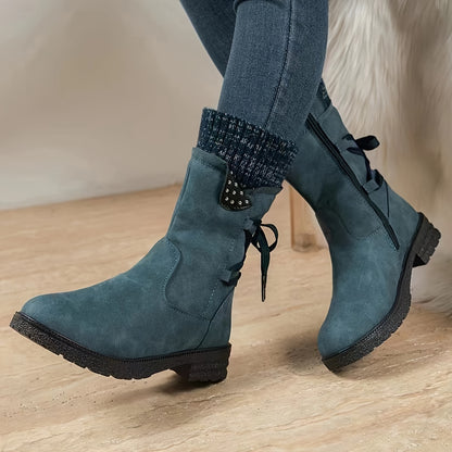 Vintage Teal Dameslaarzen | Warme Halfhoge Winterboots Met Fleece & Stevige Zool
