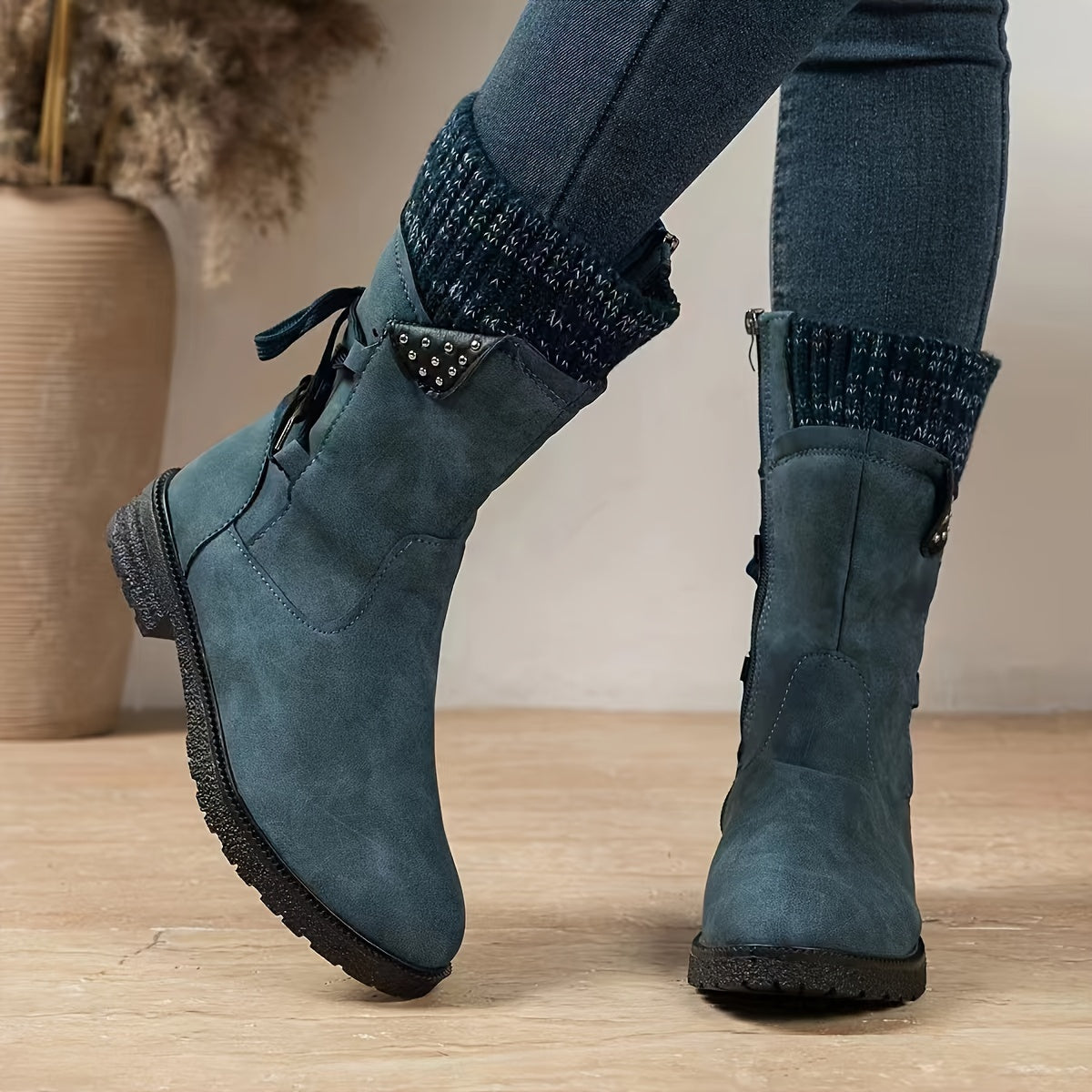 Vintage Teal Dameslaarzen | Warme Halfhoge Winterboots Met Fleece & Stevige Zool