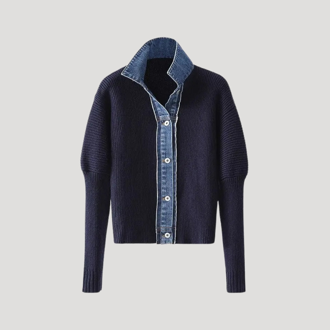 Marineblauwe Gebreide Cardigan Met Denim Afwerking | Stijlvolle Layering Must-Have