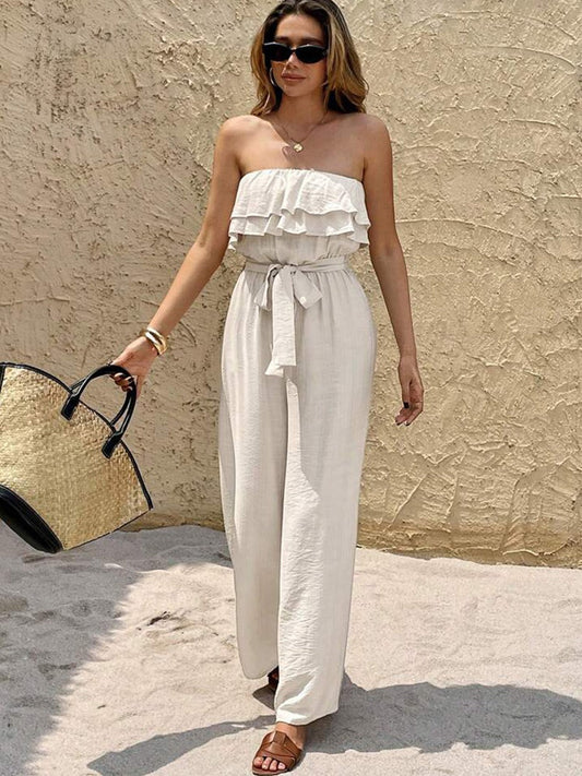 NOELIA | Lange Jumpsuit Met Strapless Hals En Ruches – Licht, Elegant & Tijdloos