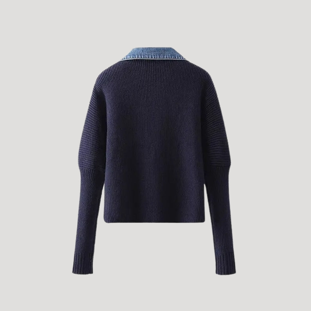 Marineblauwe Gebreide Cardigan Met Denim Afwerking | Stijlvolle Layering Must-Have