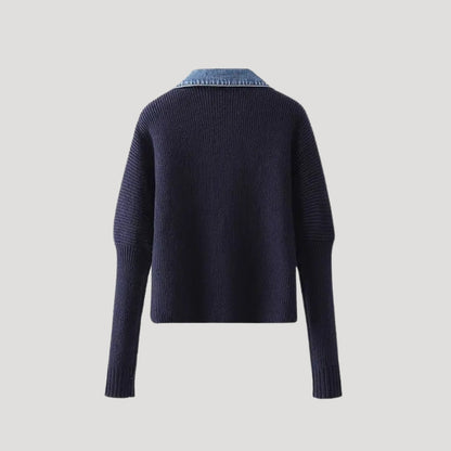 Marineblauwe Gebreide Cardigan Met Denim Afwerking | Stijlvolle Layering Must-Have