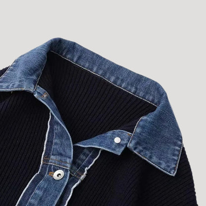 Marineblauwe Gebreide Cardigan Met Denim Afwerking | Stijlvolle Layering Must-Have