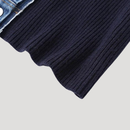 Marineblauwe Gebreide Cardigan Met Denim Afwerking | Stijlvolle Layering Must-Have