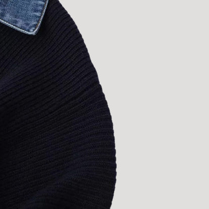 Marineblauwe Gebreide Cardigan Met Denim Afwerking | Stijlvolle Layering Must-Have
