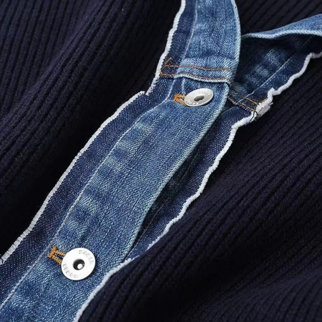 Marineblauwe Gebreide Cardigan Met Denim Afwerking | Stijlvolle Layering Must-Have