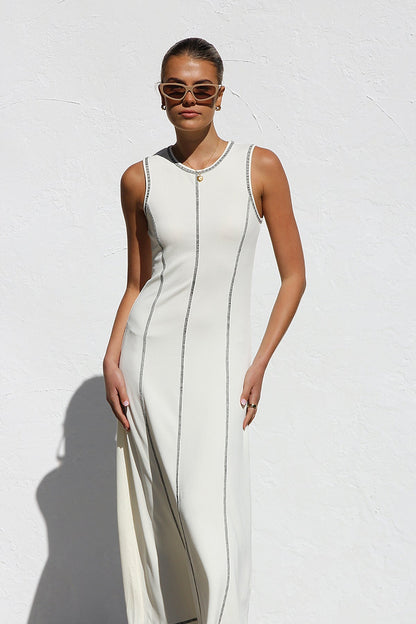 ARIANA | Witte Dames Maxi Jurk met Contrasterende Stiksels - Stijlvol, Rekbaar & Elegant