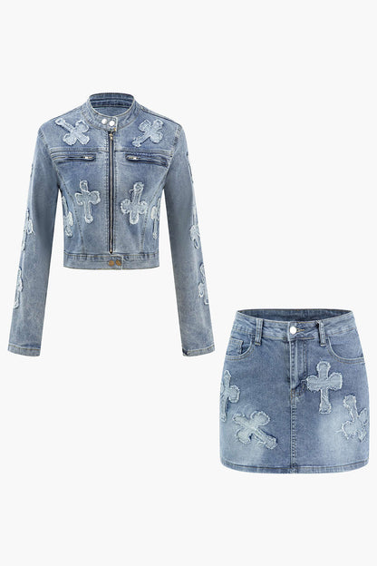 KAYLA | Denim Set Jasje En Rok Met Kruismotief Voor Dames – Edgy, Stoer & Opvallend