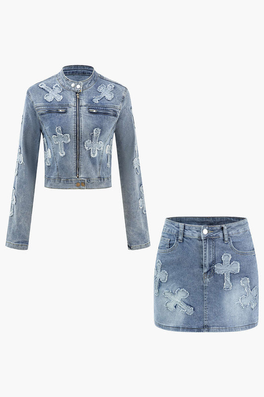 KAYLA | Denim Set Jasje En Rok Met Kruismotief Voor Dames – Edgy, Stoer & Opvallend