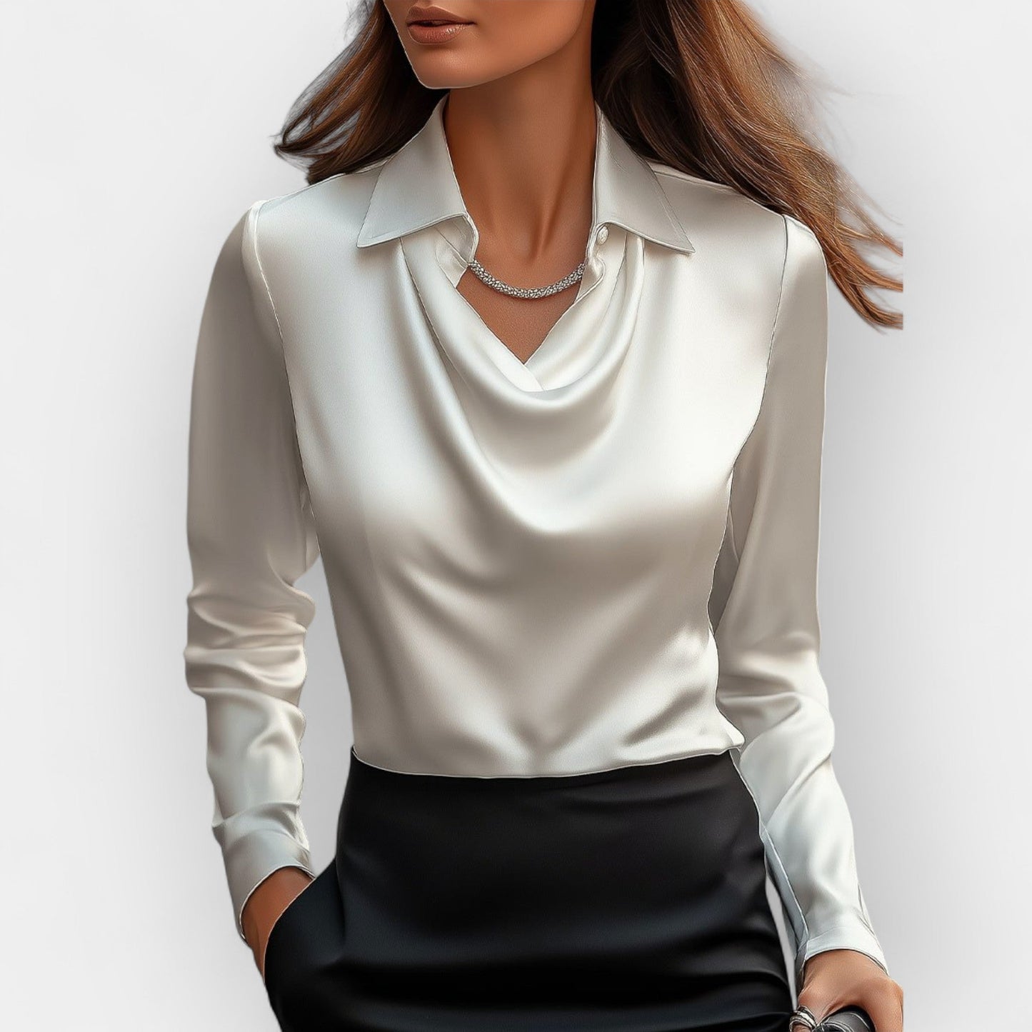 Elegante Satijnen Blouse Met Watervalhals | Luxe Glans En Vrouwelijke Elegantielijn