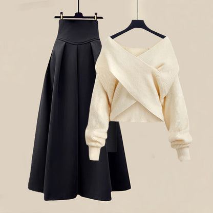 Zwarte Midi Rok Met Off-Shoulder Trui | Elegante Dames Winterset Voor Elke Gelegenheid