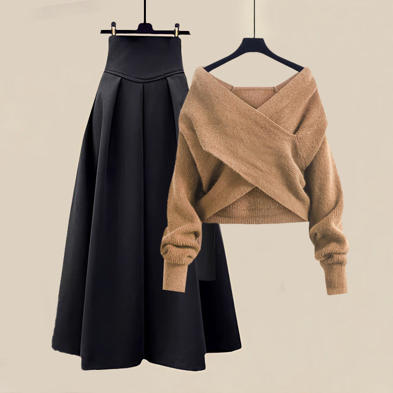 Zwarte Midi Rok Met Off-Shoulder Trui | Elegante Dames Winterset Voor Elke Gelegenheid