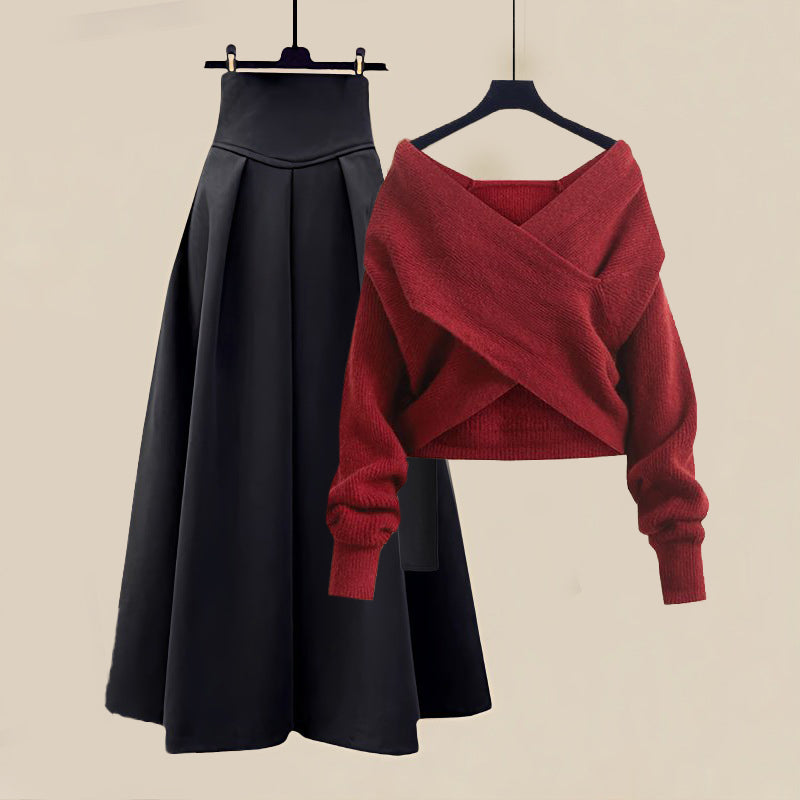 Zwarte Midi Rok Met Off-Shoulder Trui | Elegante Dames Winterset Voor Elke Gelegenheid