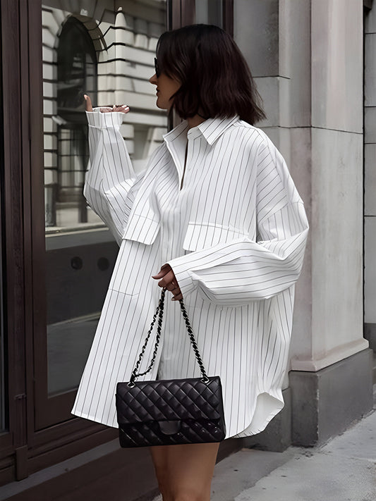 LEAH | Oversized Gestreept Damesoverhemd met Grote Zakken – Stijlvol & Comfortabel