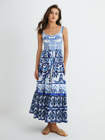 TALISA | Blauwe Damesjurk met Elegant Plooidesign en Fijne Printdetails