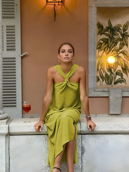 HANNA | Groene Lange Jurk Met Kruishalter & Split – Elegant, Luchtig & Ideaal Voor Warme Dagen