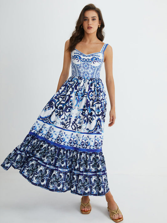 TALISA | Blauwe Damesjurk met Elegant Plooidesign en Fijne Printdetails