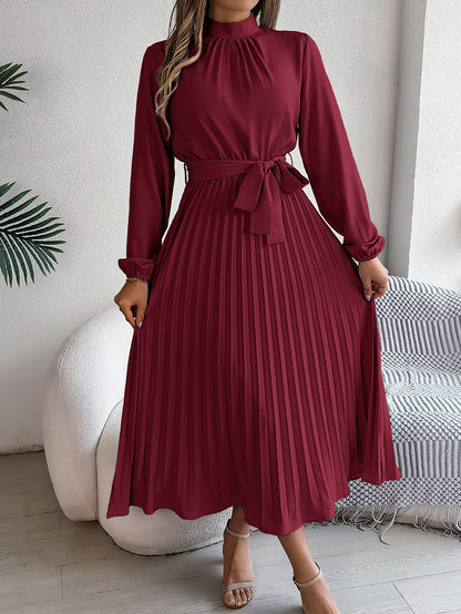 BEA | Elegante Damesjurk met Opstaande Kraag, Lange Mouwen & Geplooide Rok