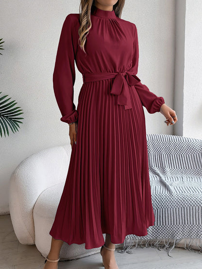 BEA | Elegante Damesjurk met Opstaande Kraag, Lange Mouwen & Geplooide Rok