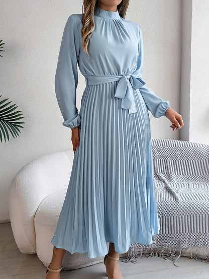 BEA | Elegante Damesjurk met Opstaande Kraag, Lange Mouwen & Geplooide Rok