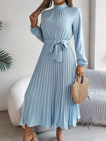 BEA | Elegante Damesjurk met Opstaande Kraag, Lange Mouwen & Geplooide Rok