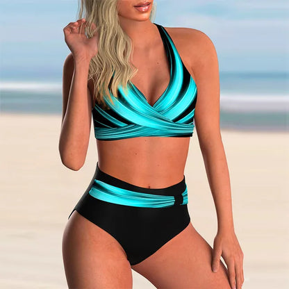 ZOÉ | Zwart-Turquoise Cross Front Bikini Set Met Hoge Taille - Flatterend & Stijlvol