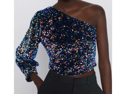 FLEUR | One Shoulder Glitter Top Voor Dames – Elegant, Opvallend, Comfortabel
