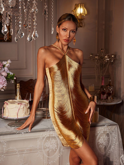 BLUMA | Elegante Dames Halterjurk met Fringes – Goudkleurige Showstopper Mini Dress