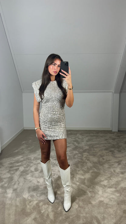 DAISY | Glitter Mini Jurk Voor Dames Met Schoudervulling – Glamoureus, Feestelijk, Statement