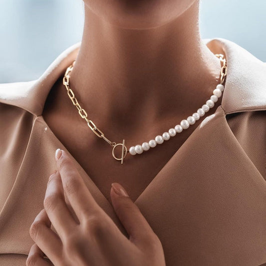 AMÉLIE | Luxe Dames Parelketting + Armband Set Met Vergulde Schakel – Elegant, Tijdloos & Geraffineerd Voor Elke Gelegenheid