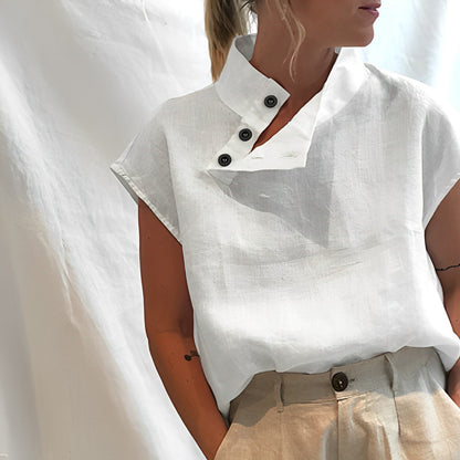 VALY | Mouwloze Linnen Blouse met Knoopkraag – Modern, Luchtig & Verfijnd