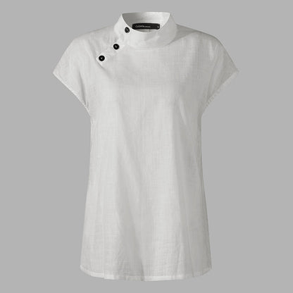 VALY | Mouwloze Linnen Blouse met Knoopkraag – Modern, Luchtig & Verfijnd