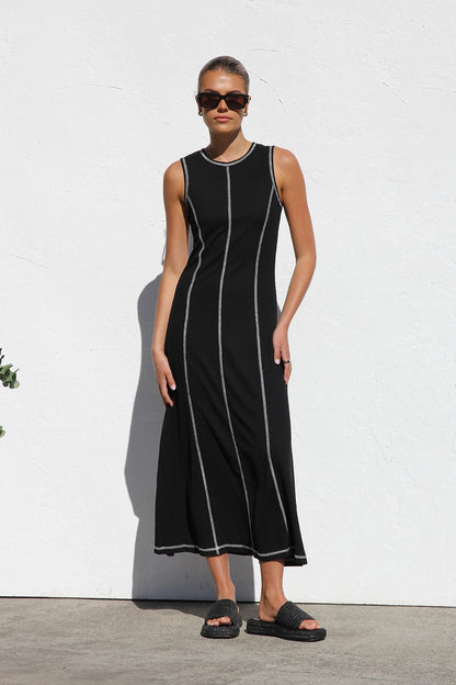 ARIANA | Zwarte Dames Maxi Jurk met Contrasterende Stiksels - Stijlvol, Rekbaar & Elegant