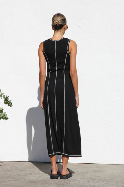 ARIANA | Zwarte Dames Maxi Jurk met Contrasterende Stiksels - Stijlvol, Rekbaar & Elegant
