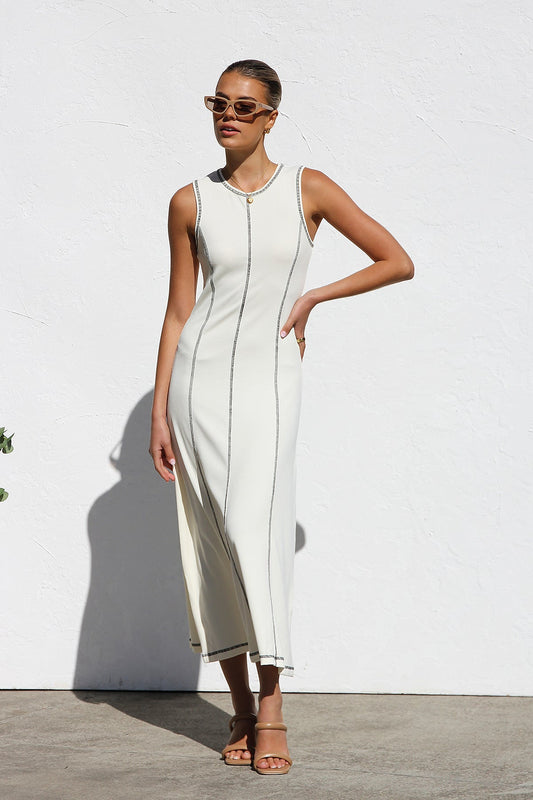 ARIANA | Witte Dames Maxi Jurk met Contrasterende Stiksels - Stijlvol, Rekbaar & Elegant