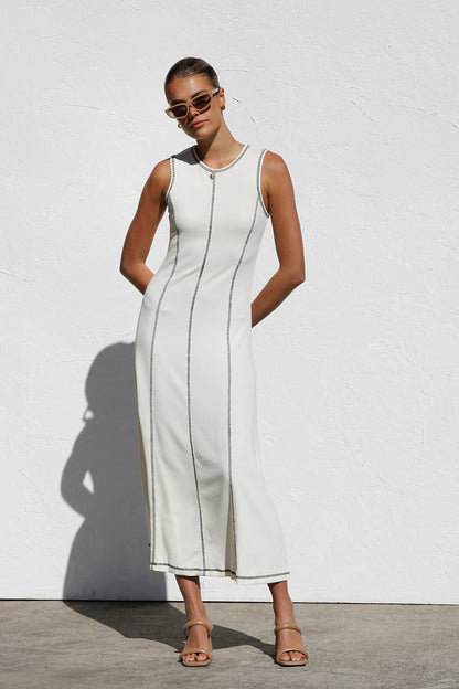 ARIANA | Witte Dames Maxi Jurk met Contrasterende Stiksels - Stijlvol, Rekbaar & Elegant