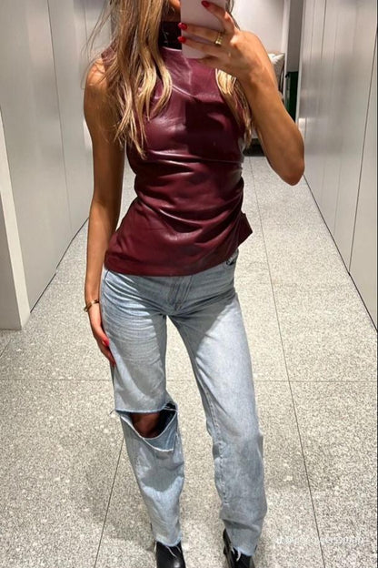 Vegan Leren Hoge Hals Top Voor Dames | Luxe Nauwsluitende Trendtop