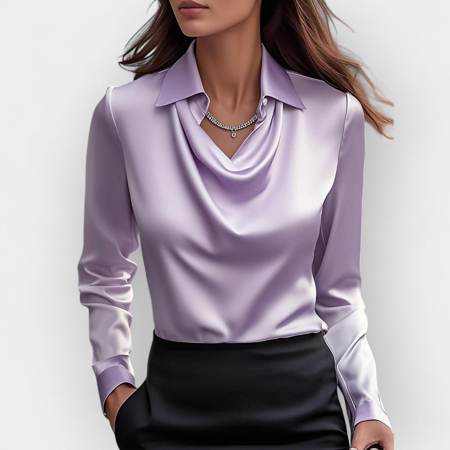 Elegante Satijnen Blouse Met Watervalhals | Luxe Glans En Vrouwelijke Elegantielijn