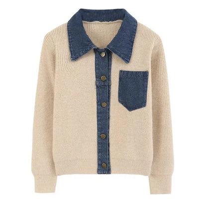 Gebreide Cardigan Voor Dames | Winter Cardigan Met Denim Kraag En Borstzak