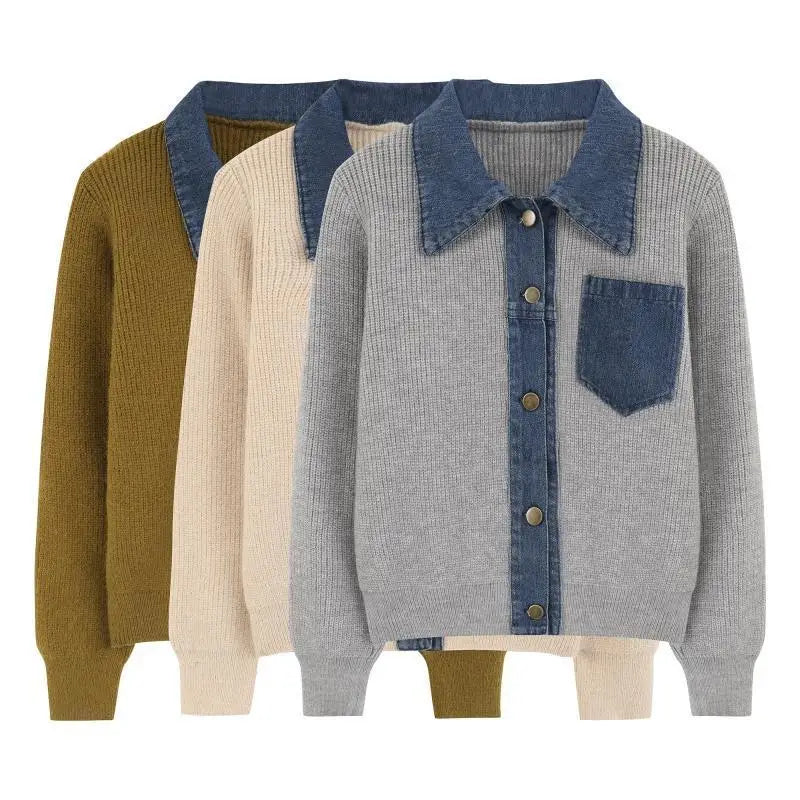 Gebreide Cardigan Voor Dames | Winter Cardigan Met Denim Kraag En Borstzak