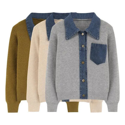 Gebreide Cardigan Voor Dames | Winter Cardigan Met Denim Kraag En Borstzak