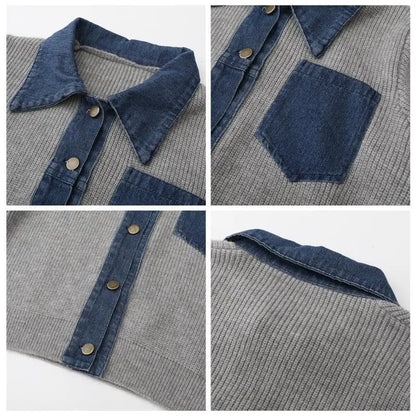 Gebreide Cardigan Voor Dames | Winter Cardigan Met Denim Kraag En Borstzak